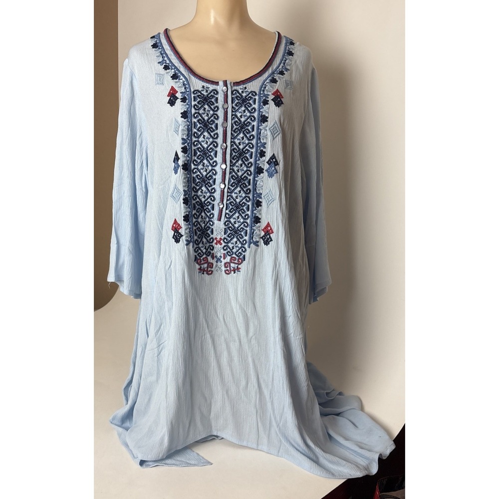 Roaman's Shirt Women Plus Size 16W Long Slv Tunic Top blue Embroidered rayon